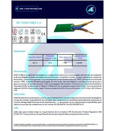 ROLLO DE 100 METROS DE MANGUERA LIBRE DE HALÓGENOS RZ1KAS4G1,5 CPR Sección 4G1,5mm²