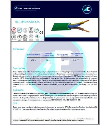 ROLLO DE 100 METROS DE MANGUERA LIBRE DE HALÓGENOS RZ1KAS4G2,5 CPR Sección 4G2,5mm²