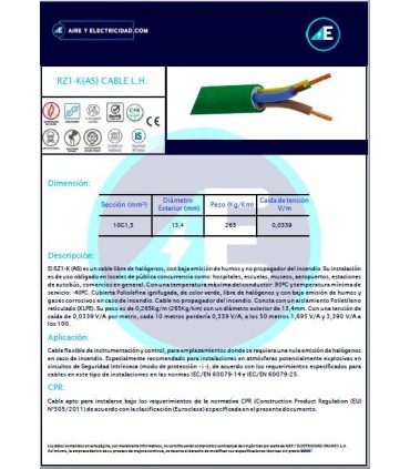 ROLLO DE 100 METROS DE MANGUERA LIBRE DE HALÓGENOS RZ1KAS10G1,5 CPR Sección 10G1,5mm²