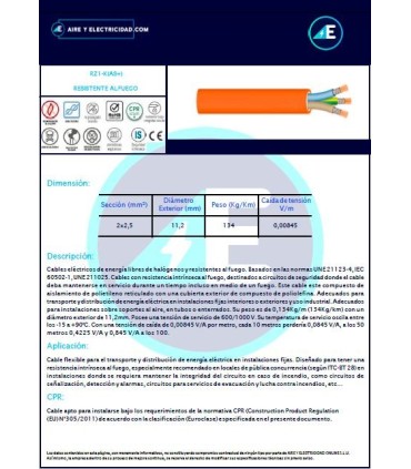 ROLLO DE 100 METROS DE CABLE RESISTENTE AL FUEGO LIBRE DE HALÓGENOS RZ1KAS+2x2,5 CPR Sección 2x2,5mm²