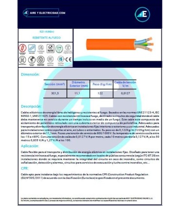ROLLO DE 100 METROS DE CABLE RESISTENTE AL FUEGO LIBRE DE HALÓGENOS RZ1KAS+3G1,5 CPR Sección 3G1,5mm²