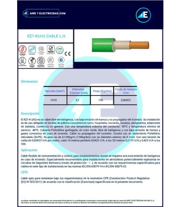 ROLLO 100 METROS Sección 1X10 mm² MANGUERA LIBRE DE HALÓGENOS RZ1KAS1x10 CPR