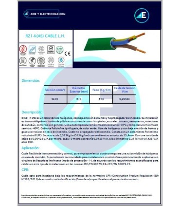 ROLLO 100 METROS Sección 4G10 mm² MANGUERA LIBRE DE HALÓGENOS RZ1KAS4G10 CPR