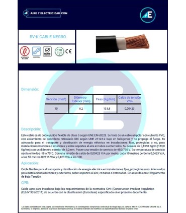 ROLLO 100 METROS  Sección 1x10 mm² MANGUERA NEGRA RVK1kV1x10 CPR 0,6/1kV