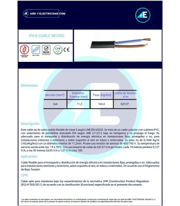 ROLLO 100 METROS Sección 2x4 mm² MANGUERA NEGRA RVK1kV2X4 CPR 0,6/1kV