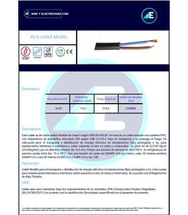 ROLLO 100 METROS Sección 2x10 mm²  MANGUERA NEGRA RVK1kV2x10 CPR 0,6/1kV