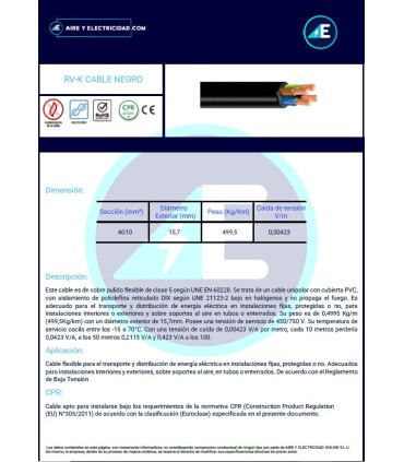 ROLLO 100 METROS Sección 4G10 mm² MANGUERA NEGRA RVK1kV4G10 CPR 0,6/1kV